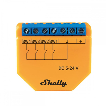Shelly Plus i4 DC - Modul Smart cu 4 Intrări 5-24 VDC, Montaj în Doză (WiFi, Bluetooth)