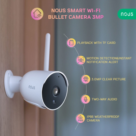 Cameră de Supraveghere de Exterior Bullet 3MP WiFi TUYA NOUS (Albă)