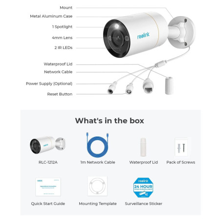 Cameră de Supraveghere de exterior IP PoE 12MP cu vedere nocturnă color 700lm Reolink RLC-1212A