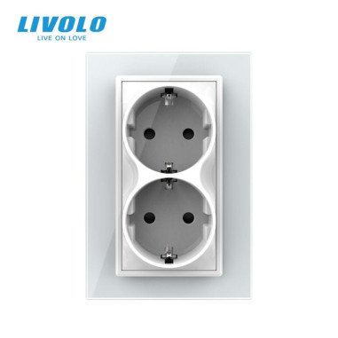 Priză Dublă Schuko Pentru 1 Doză cu Ramă din Sticlă LIVOLO - Alb