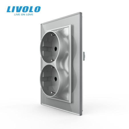 Priză Dublă Schuko Pentru 1 Doză cu Ramă din Sticlă LIVOLO - Gri