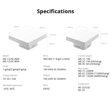 Întrerupător Smart Dublu WiFi Matter SONOFF M5 86 ALB (cu nul)