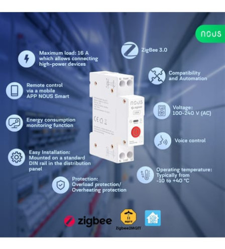 Modul Smart 1 Canal 16A cu Montaj pe Șină DIN ZigBee TUYA NOUS D1Z