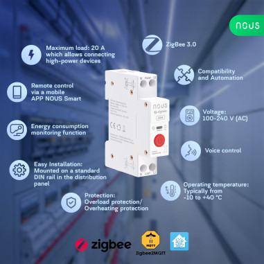 Modul Smart 1 Canal 20A cu Montaj pe Șină DIN ZigBee TUYA NOUS D2Z
