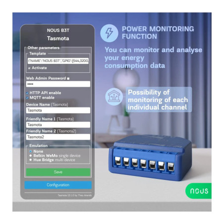 Modul Smart 2 Canale cu Monitorizare Consum Tasmota NOUS B3T