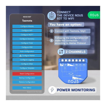 Modul Smart 2 Canale cu Monitorizare Consum Tasmota NOUS B3T