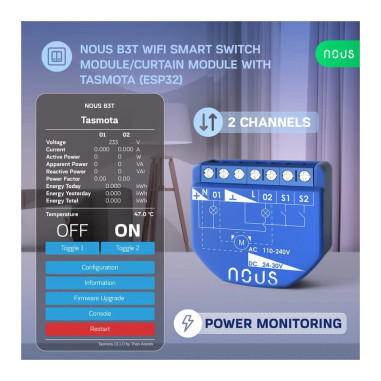 Modul Smart 2 Canale cu Monitorizare Consum Tasmota NOUS B3T