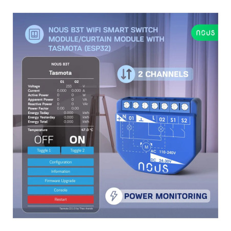 Modul Smart 2 Canale cu Monitorizare Consum Tasmota NOUS B3T