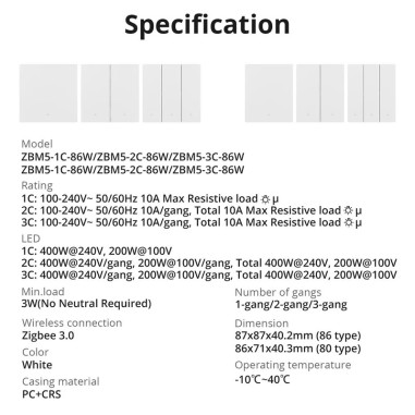 Întrerupător Smart Dublu ZigBee SONOFF ZBM5-2C-80W (cu nul opțional)
