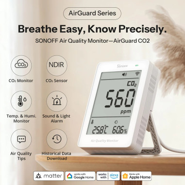 Senzor de CO2, Temperatură și Umiditate cu Afișaj LCD Matter over WiFi SONOFF AirGuard CO2 SAWF-08P