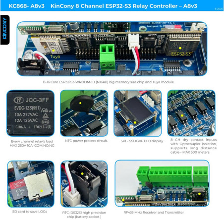 Controller Smart cu Montaj pe șină, 8 canale, ESP32-S3, Kincony A8V3