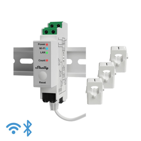 Shelly Pro 3EM V2 (3x Cleme 120A) - Contor de Energie Smart Trifazat, Montaj pe Șină DIN (LAN, Matter, WiFi, Bluetooth)