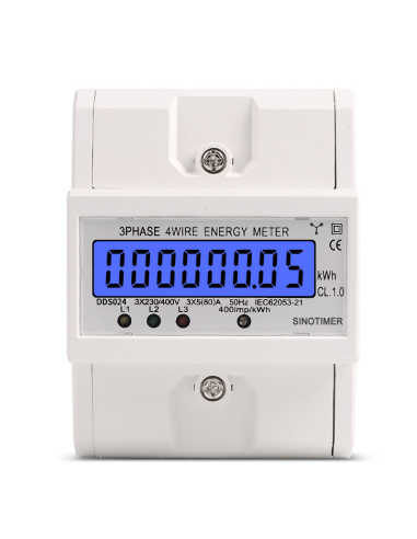 Contor de energie trifazic Sinotimer DDS024, 3P+N, 3×230/400V, 5(80)A, afisaj LCD, montaj sina DIN, Clasa 1.0