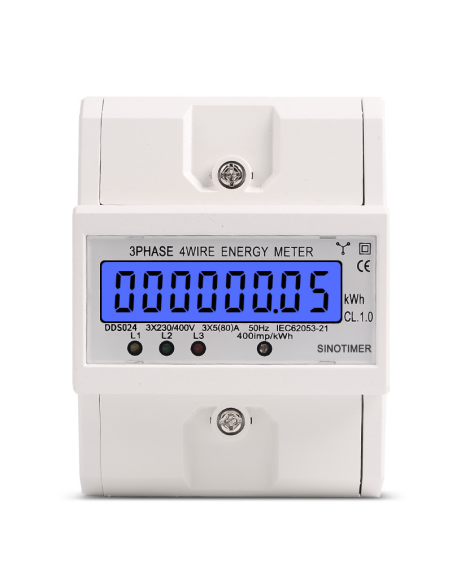 Contor de energie trifazic Sinotimer DDS024, 3P+N, 3×230/400V, 5(80)A, afisaj LCD, montaj sina DIN, Clasa 1.0