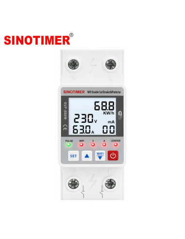 Intrerupator inteligent, dubla deconectare, WiFi Sinotimer SVP688W-63A2, 63A, consum energie, diferential si temperatura