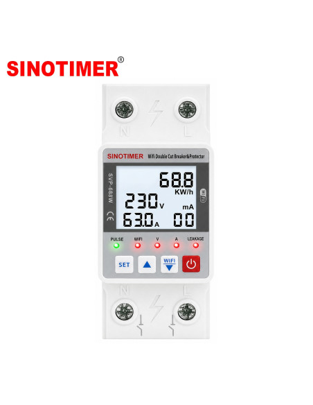 Intrerupator inteligent, dubla deconectare, WiFi Sinotimer SVP688W-63A2, 63A, consum energie, diferential si temperatura