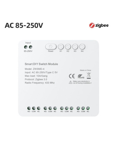 Modul Smart 4 Canale Dry Contact ZigBee Avatto, 85-250V AC, Tuya (ZWSMD-4-250V)