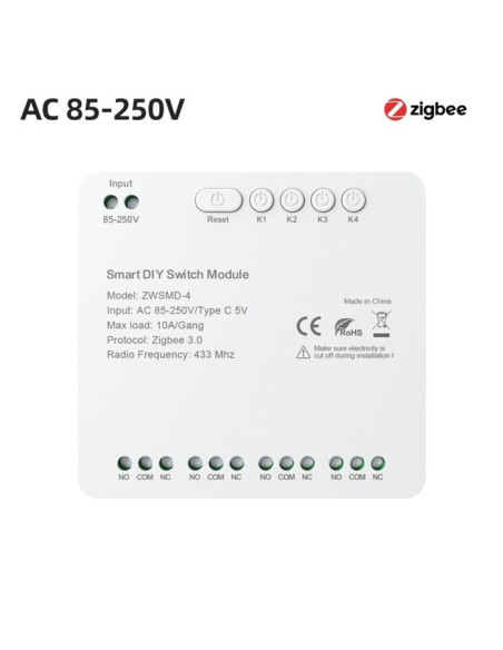 Modul Smart 4 Canale Dry Contact ZigBee Avatto, 85-250V AC, Tuya (ZWSMD-4-250V)