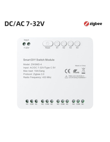 Modul Smart 4 Canale Dry Contact ZigBee Avatto, 7-32V DC, Tuya (ZWSMD-4-32V)