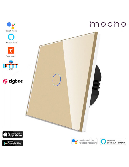 Întrerupător smart Zigbee touch simplu TUYA, panou sticlă, cu nul, Moono, gri