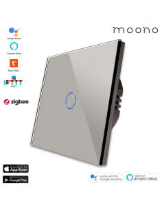 Întrerupător smart Zigbee touch simplu TUYA, panou sticlă, fără nul, Moono, gri