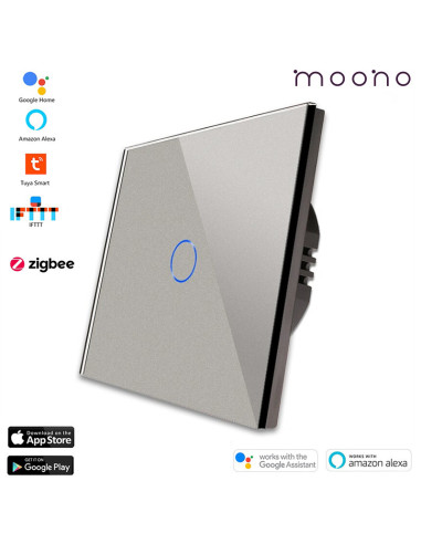 Întrerupător smart Zigbee touch simplu TUYA, panou sticlă, fără nul, Moono, gri