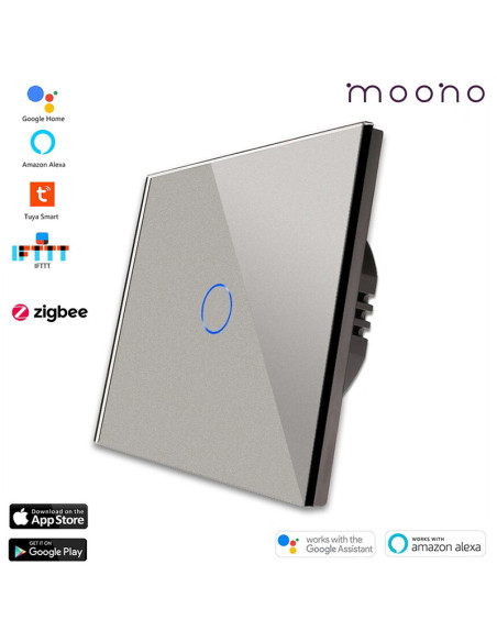 Întrerupător smart Zigbee touch simplu TUYA, panou sticlă, fără nul, Moono, gri