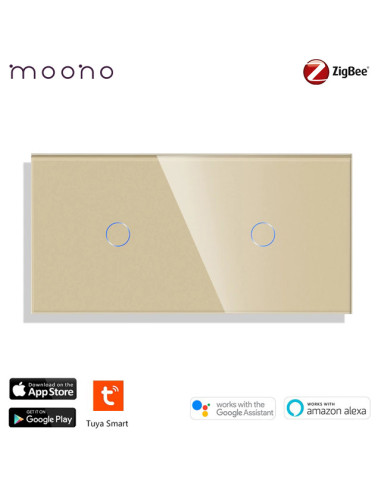 Întrerupător smart Zigbee touch simplu + simplu TUYA, panou sticlă, cu nul, Moono, auriu