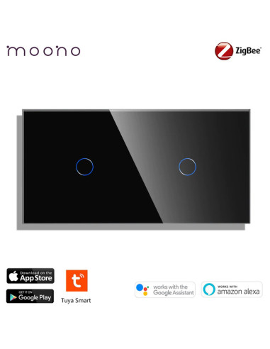 Întrerupător smart Zigbee touch simplu + simplu TUYA, panou sticlă, fără nul, Moono, negru