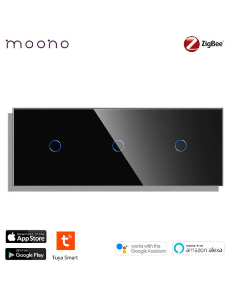 Întrerupător smart Zigbee touch simplu + simplu + simplu TUYA, panou sticlă, cu nul, Moono, negru