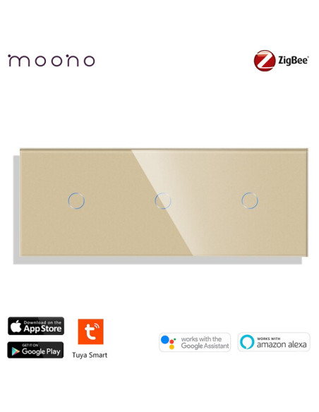 Întrerupător smart Zigbee touch simplu + simplu + simplu TUYA, panou sticlă, cu nul, Moono, auriu