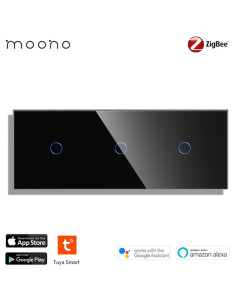 Întrerupător smart Zigbee touch simplu + simplu + simplu TUYA, panou sticlă, fără nul, Moono, negru