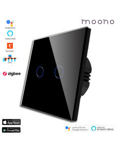 Întrerupător smart Zigbee touch dublu TUYA, panou sticlă, cu nul, Moono, negru