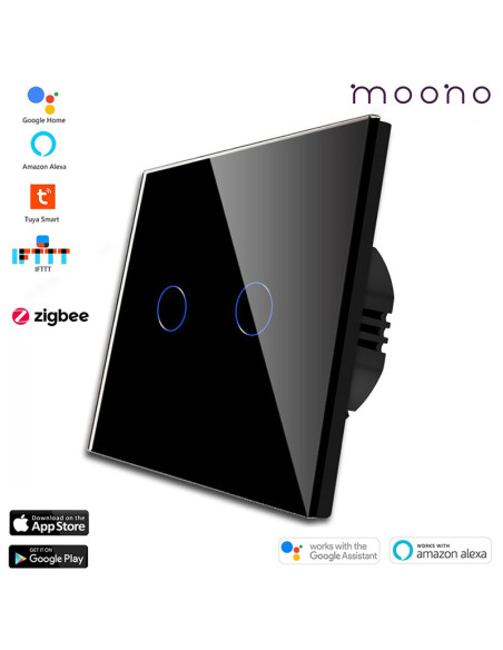Întrerupător smart Zigbee touch dublu TUYA, panou sticlă, cu nul, Moono, negru