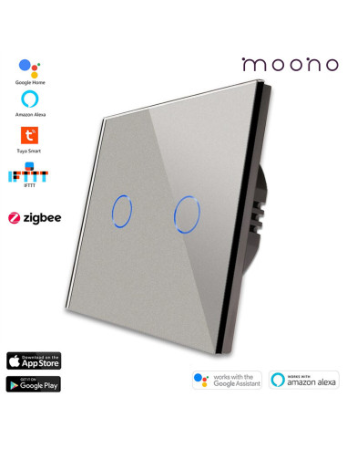 Întrerupător smart Zigbee touch dublu TUYA, panou sticlă, cu nul, Moono, gri