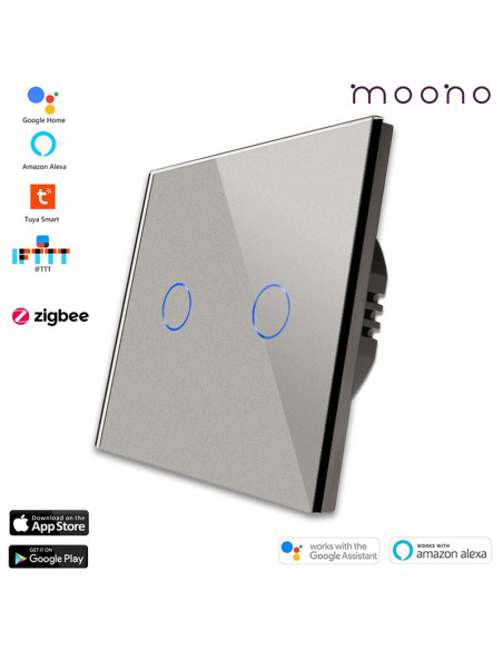 Întrerupător smart Zigbee touch dublu TUYA, panou sticlă, cu nul, Moono, gri