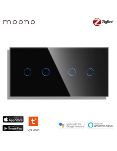 Întrerupător smart Zigbee touch dublu + dublu TUYA, panou sticlă, cu nul, Moono, negru