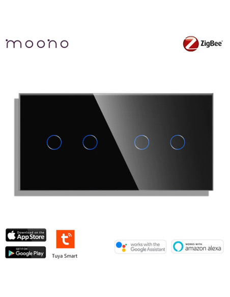 Întrerupător smart Zigbee touch dublu + dublu TUYA, panou sticlă, cu nul, Moono, negru