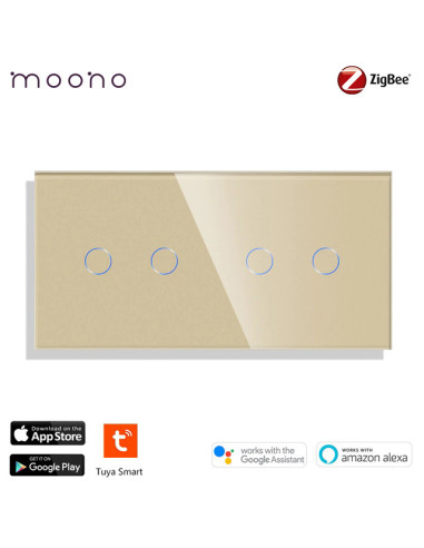 Întrerupător smart Zigbee touch dublu + dublu TUYA, panou sticlă, cu nul, Moono, auriu