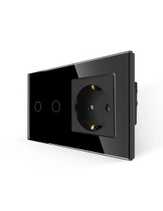 Întrerupător touch dublu + priză Schuko, ramă sticlă, Moono, negru
