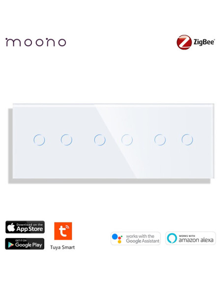 Întrerupător smart Zigbee touch dublu + dublu + dublu TUYA, panou sticlă, cu nul, Moono, alb