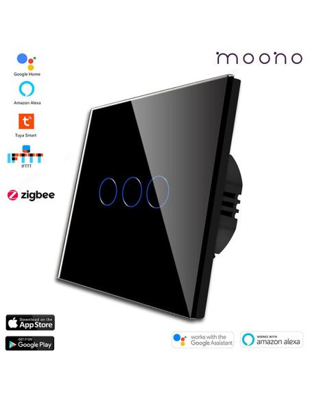 Întrerupător smart Zigbee touch triplu TUYA, panou sticlă, fără nul, Moono,