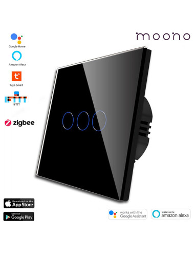 Întrerupător smart Zigbee touch triplu TUYA, panou sticlă, cu nul, Moono,