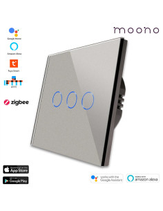 Întrerupător smart Zigbee touch triplu TUYA, panou sticlă, cu nul, Moono,