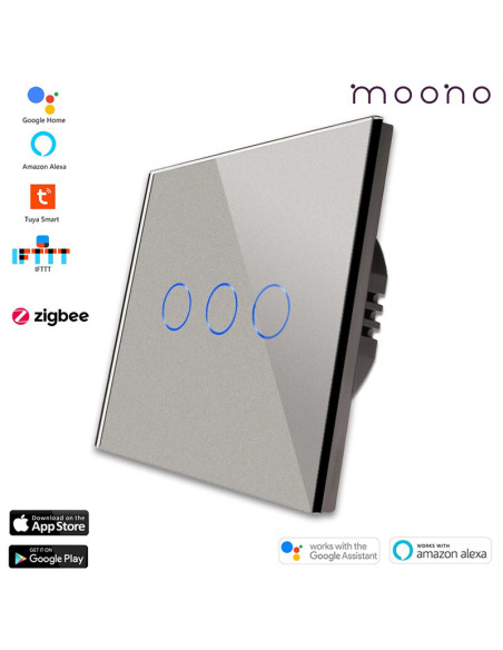 Întrerupător smart Zigbee touch triplu TUYA, panou sticlă, cu nul, Moono,