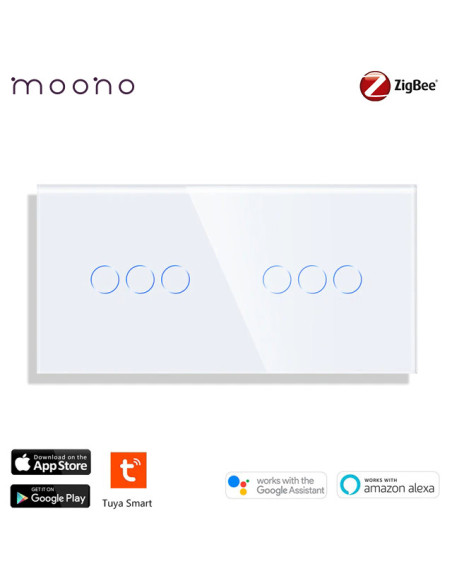 Întrerupător smart Zigbee touch triplu + triplu TUYA, panou sticlă, fără nul, Moono, alb