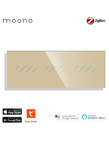 Întrerupător smart Zigbee touch triplu + triplu + triplu TUYA, panou sticlă, cu nul, Moono, auriu