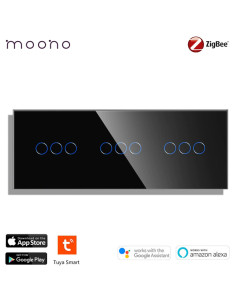Întrerupător smart Zigbee touch triplu + triplu + triplu TUYA, panou sticlă, cu nul, Moono, negru