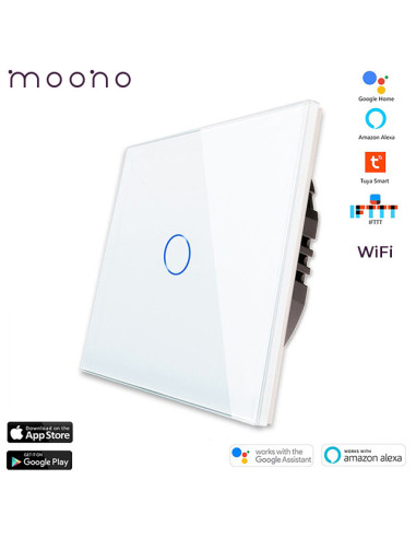 Întrerupător smart WiFi touch simplu TUYA, panou sticlă, nul opțional, Moono, alb