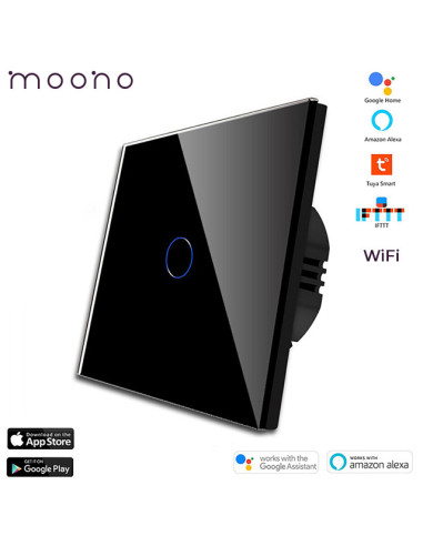 Întrerupător smart WiFi touch simplu TUYA, panou sticlă, nul opțional, Moono, negru